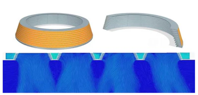 CAD images of a patent-pending Velo3D Sapphire AM system window nozzle (upper left full view, upper right cut view) designed and optimized by PhysicsX. The lower CFD analysis image shows a section view of the highly consistent flow distribution, the result of geometrical shaping and progression of the individual nozzle guide vanes achieved through machine learning.