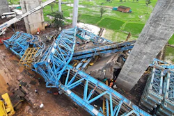 People search among the debris after a huge crane collapsed at a highway construction site at Shahpur Sarlambe village, Thane District, Maharashtra state, India, Tuesday, Aug.1, 2023.
