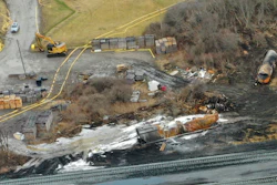 Cleanup of portions of a Norfolk Southern freight train that derailed Friday night in East Palestine, Ohio, continues on Feb. 9, 2023.