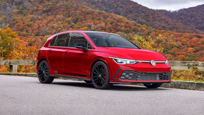This photo provided by Volkswagen shows the 2023 Volkswagen GTI, a small four-door hatchback that offers a nice blend of driving excitement and practicality.