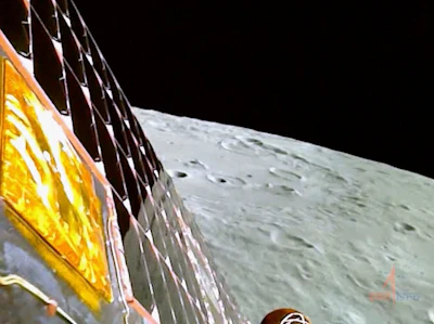 This image from video provided by the Indian Space Research Organisation shows the surface of the moon as the Chandrayaan-3 spacecraft prepares for landing on Wednesday, Aug. 23, 2023. India became the first country to land a spacecraft near the moon’s south pole, which scientists believe could hold vital reserves of frozen water.
