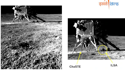This image provided by the Indian Space Research Organisation (ISRO) taken by Pragyan rover of Vikram lander on Aug. 30, 2023. India’s moon rover has confirmed the presence of sulfur and detected several other elements on the surface near the lunar south pole a week after the country’s historic moon landing. ISRO says the rover’s laser-induced spectroscope instrument also has detected aluminum, iron, calcium, chromium, titanium, manganese, oxygen and silicon.