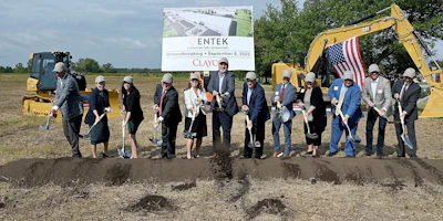 Indiana Gov. Eric Holcomb, center, breaks ground with ENTEK President of Manufacturing Kim Medford, left, and ENTEK CEO Larry Keith, right, and other dignitaries, including Steve Witt, far right, president of the Terre Haute Economic Development Corporation, for the new ENTEK lithium battery separators plant on Wednesday, Sept. 6, 2023 near Terre Haute, Ind.
