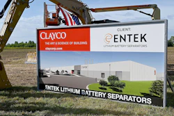 An artist's rendering for the new ENTEK lithium battery separators plant stands at the site on Wednesday, Sept. 6, 2023 in Vigo County Industrial Park II near Terre Haute, Ind.