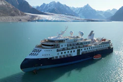 A view of the Ocean Explorer, a Bahamas-flagged Norwegian cruise ship with 206 passengers and crew, which has run aground in northwestern Greenland is pictured on Tuesday, Sept. 12, 2023.
