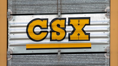The CSX logo is seen, July 15, 2013, Nashville, Tenn. A railroad worker was crushed to death between two railcars early Sunday, Sept. 17, 2023, by a remote-controlled train in a CSX railyard in Ohio, raising concerns among unions about such technology.