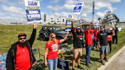 United Auto Workers from engine team 50 man the picket line outside the Stellantis Toledo Assembly Complex on Monday, Sept. 18, 2023 in Toledo, Ohio.