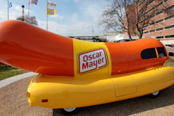 The Oscar Mayer Wienermobile sits outside the the Oscar Meyer headquarters, Oct. 27, 2014, in Madison, Wis.