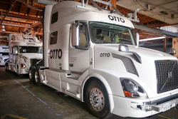 Otto's self-driving, big-rig trucks are lined up during a demonstration at the Otto headquarters on Aug. 18, 2016, in San Francisco.