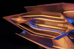 Close up of cut ramjet shows complexity of internal features.
