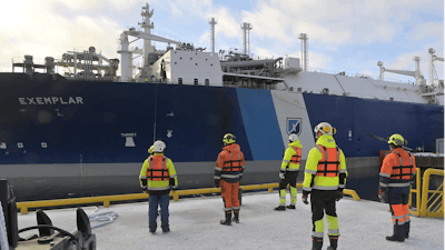 A view of the Vessel FSRU Exemplar, the floating liquefied natural gas LNG terminal chartered by Finland to replace Russian gas, at the port in Inkoo, Finland, Friday, Dec. 30, 2022.