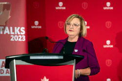 Lana Payne, Unifor national president speaks during a news conference, Aug. 29, 2023, in Toronto.