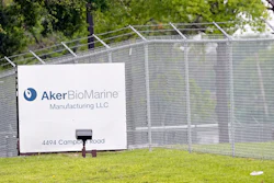 A sign stands in front of Aker BioMarine facilities in Houston on Wednesday, April 26, 2023. The Norwegian company is responsible for about 70% of the global krill catch by volume.