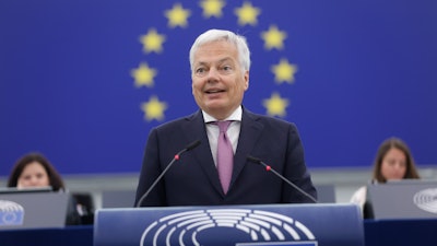 European Commissioner for Justice Didier Reynders delivers a speech on the electoral law, the investigative committee and the rule of law in Poland, Wednesday, June 14, 2023 at the European Parliament in Strasbourg, eastern France.