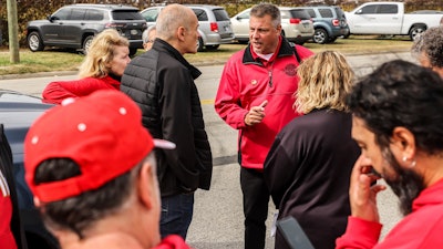 Region 2B director David Green speaks with United Auto Workers outside a gate at Stellantis Toledo Assembly Complex on Thursday, Oct. 12, 2023 in Toledo, Ohio.