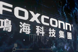 The Foxconn logo is seen during the Hon Hai Tech Day at the Nangang Exhibition Center in Taipei, Taiwan, on Oct. 18, 2022.