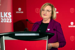 Lana Payne, Unifor national president speaks during a news conference, Aug. 29, 2023, in Toronto.