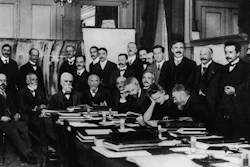 Photograph of the first Solvay Conference in 1911 at the Hotel Metropole. Heike Kamerlingh Onnes is standing third from the right.