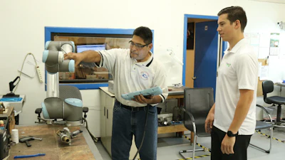 Initial setup and programming of Dallas manufacturer Aircraft Tooling’s new collaborative robot took only four hours. The programming happens through the touch screen that comes with the robot, which can also be programmed either through the arrow keys on the robot’s touch screen or by using the “teach method”, allowing the user to simply grab the robot arm and move it through way points.