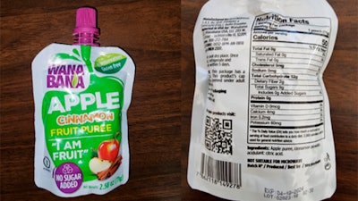 A WanaBana apple cinnamon fruit puree pouch on Oct. 28, 2023.