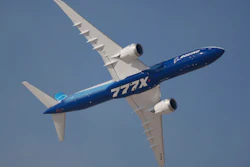 A Boeing 777X performs during the opening day of the Dubai Air Show, United Arab Emirates, Monday, Nov. 13, 2023.