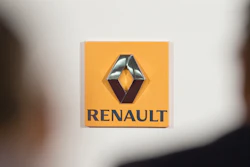 This Feb. 12, 2015 file photo shows the logo of French car maker Renault seen in a press conference held in Paris, France.
