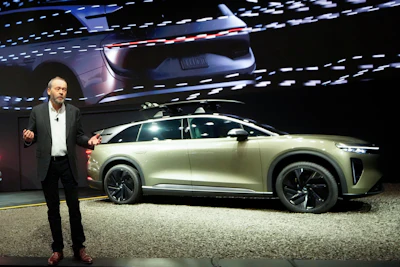 Lucid Motors CEO Peter Rawlinson introduces the all-electric SUV 2025 Lucid Gravity at the AutoMobility LA Auto Show, Thursday, Nov. 16, 2023, in Los Angeles.