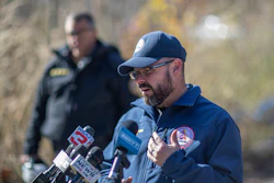 Kentucky Emergency Management Director Jeremy Slinker speaks to members of the media about the rescue operation underway for a worker trapped inside a collapsed coal preparation plant in Martin County, south of Inez, Ky., on Wednesday, Nov. 1, 2023. Officials said one worker died.