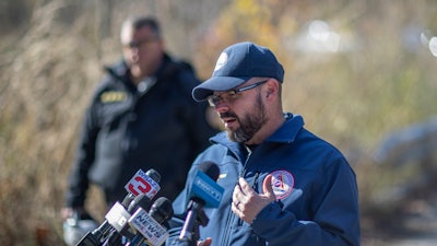 Kentucky Emergency Management Director Jeremy Slinker speaks to members of the media about the rescue operation underway for a worker trapped inside a collapsed coal preparation plant in Martin County, south of Inez, Ky., on Wednesday, Nov. 1, 2023. Officials said one worker died.