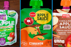 This image provided by the U.S. Food and Drug Administration on Thursday, Nov. 17, 2023, shows three recalled applesauce products - WanaBana apple cinnamon fruit puree pouches, Schnucks-brand cinnamon-flavored applesauce pouches and variety pack, and Weis-brand cinnamon applesauce pouches.