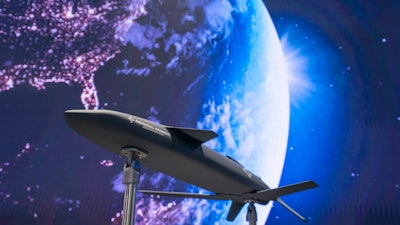 The Longshot, an air-launched unmanned aircraft that General Atomics is developing with the Defense Advanced Research Project Agency for use in tandem with piloted Air Force jets, is displayed at the Air & Space Forces Association Air, Space & Cyber Conference, Wednesday, Sept. 13, 2023 in Oxon Hill, Md.