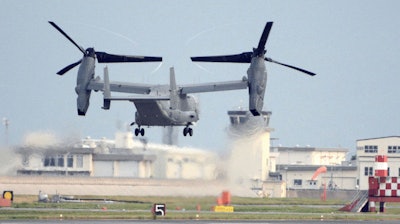 A U.S. military CV-22 Osprey takes off from Iwakuni base, Yamaguchi prefecture, western Japan, on July 4, 2018.