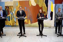 From left: Terje Halleland (Progress Party), Aleksander Oren Heen (Center Party), Marianne Sivertsen Naess (Labour Party) and Bard Ludvig Thorheim (Conservative Party) give a joint press conference on the deal on extraction of seabed minerals made between the governing party and two large opposition parties, in Oslo, Norway, Tuesday Dec. 5, 2023.