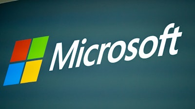 The Microsoft logo is shown at the Mobile World Congress 2023 in Barcelona, Spain, on March 2, 2023.
