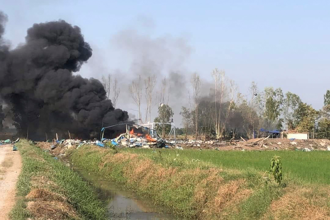A smoke rises after an explosion at a firework factory in Suphan Buri province, Thailand, Wednesday, Jan. 17, 2024.