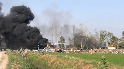 A smoke rises after an explosion at a firework factory in Suphan Buri province, Thailand, Wednesday, Jan. 17, 2024.