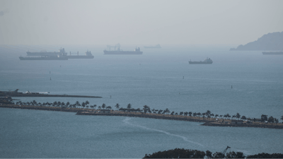 Cargo ships wait in Panama Bay for transit through the Panama Canal, Panama City, Jan. 17, 2024.