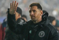 Inter Miami forward Lionel Messi acknowledges supporters as he leaves the pitch during a preseason friendly, Dallas, Jan. 22, 2024.