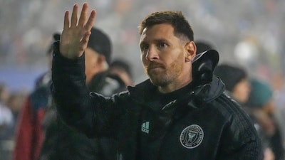 Inter Miami forward Lionel Messi acknowledges supporters as he leaves the pitch during a preseason friendly, Dallas, Jan. 22, 2024.
