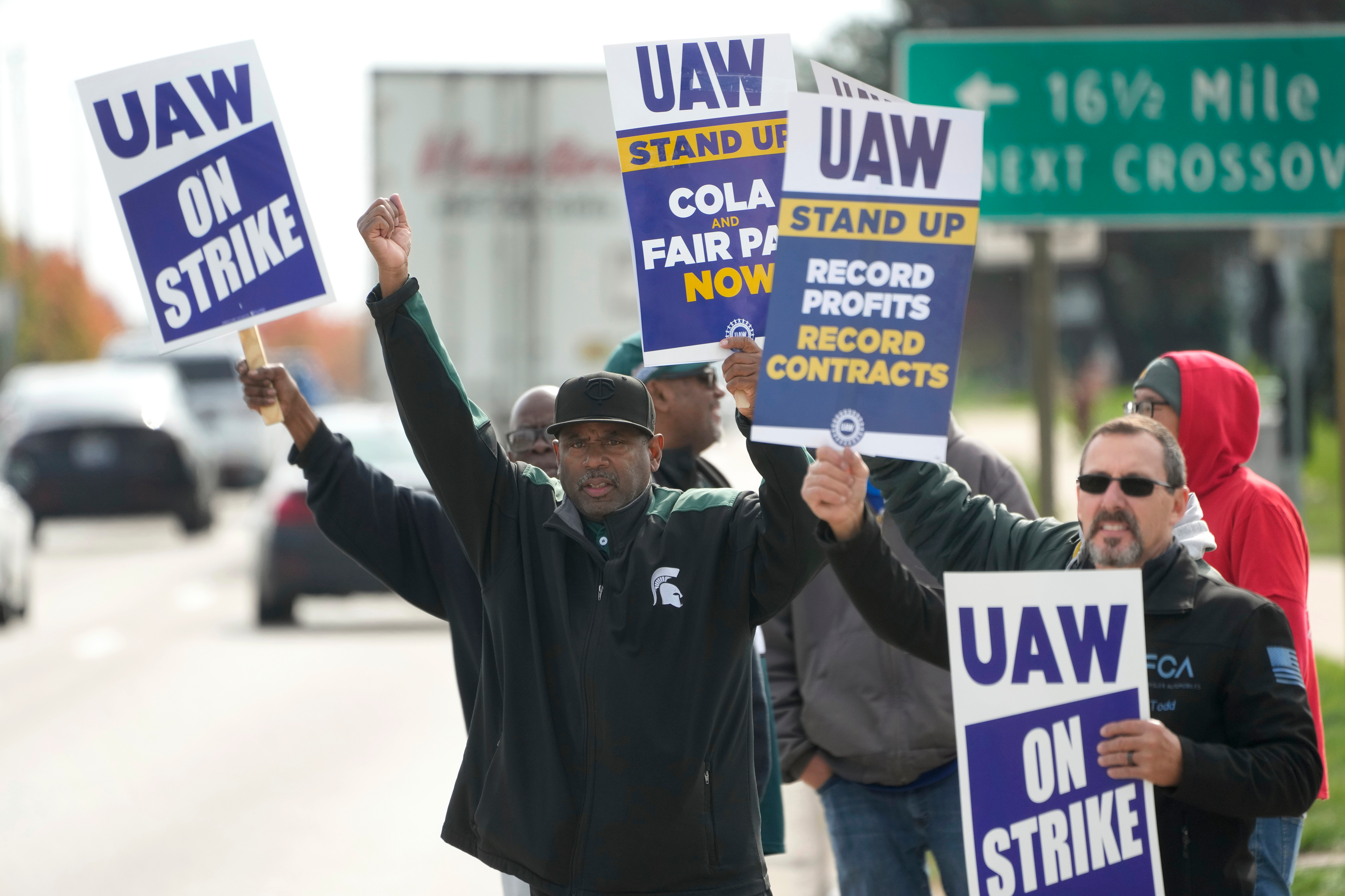 United Auto Workers members walk the picket line during a strike at the Stellantis Sterling Heights Assembly Plant, Sterling Heights, Mich., Oct. 23, 2023.