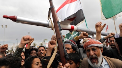 Houthi supporters rally in Sanaa, Yemen, March 8, 2024.