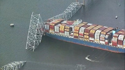 Parts of the Francis Scott Key Bridge after a container ship collided with one of the bridge’s supports, Baltimore, March 26, 2024.