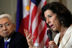 U.S. Commerce Secretary Gina Raimondo, right, talks beside Philippine Trade and Industry Secretary Alfredo Pascual during a press conference at Paranaque city, Philippines on Monday, March 11, 2024.