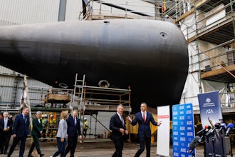 BritainÅfs Secretary of State for Defence Grant Shapps, center right, and BritainÅfs Foreign Secretary David Cameron, left, walk with the Premier of South Australia Peter Malinauskas, right, Deputy Prime Minister of Australia Richard Marles, second right, Australian Minister for Foreign Affairs Penny Wong, second left, and United StatesÅf Ambassador to Australia Caroline Kennedy, during a visit to the Osborne Naval Shipyard in Adelaide, Australia, Friday, March 22, 2024.