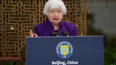 U.S. Treasury Secretary Janet Yellen speaks during a press conference in Beijing, China, Monday, April 8, 2024.