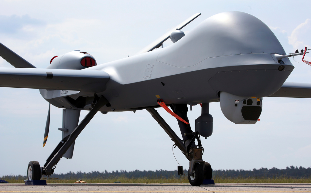 An MQ9 Predator drone is displayed at the Berlin Air Show ILA in Berlin, Germany, on May 30, 2016. China on Thursday, April 11, 2024 announced sanctions against two U.S. defense companies, one of which produces the Predator drone, over what it says is their support for arms sales to Taiwan, the self-governing island democracy Beijing claims as its own territory to be recovered by force if necessary.