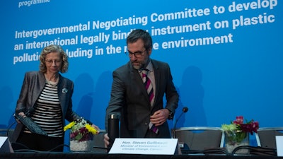 United Nations Environment Programme Executive Director Inger Andersen and Environment and Climate Change Minister Steven Guilbeault at a news conference, Ottawa, Ontario, April 23, 2024.