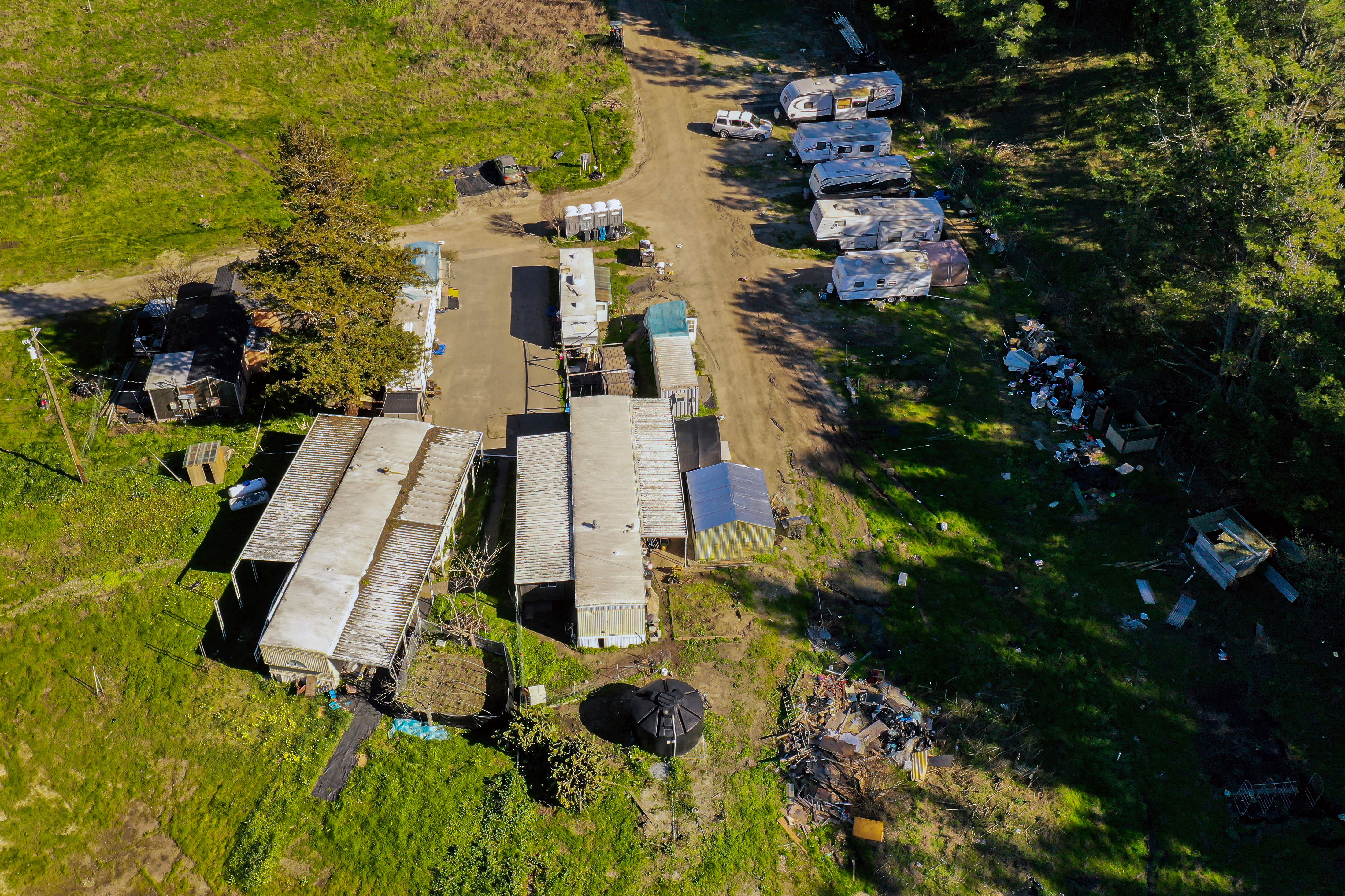 A drone photo of mobile homes at the California Terra Garden, formerly Mountain Mushroom Farm, in Half Moon Bay, Calif., Jan. 26, 2023.