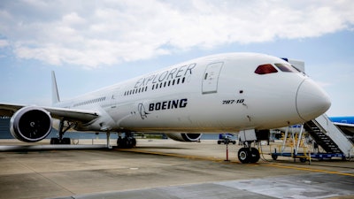 A Boeing ecoDemonstrator Explorer, a 787-10 Dreamliner, sits on the tarmac at their campus in North Charleston, S.C., May 30, 2023.