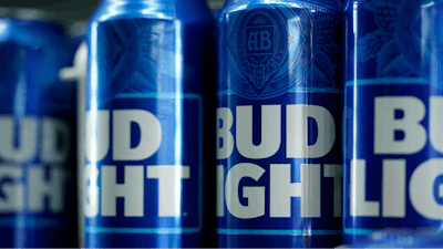 Cans of Bud Light beer are seen before a major league baseball game on April 25, 2023, in Philadelphia.